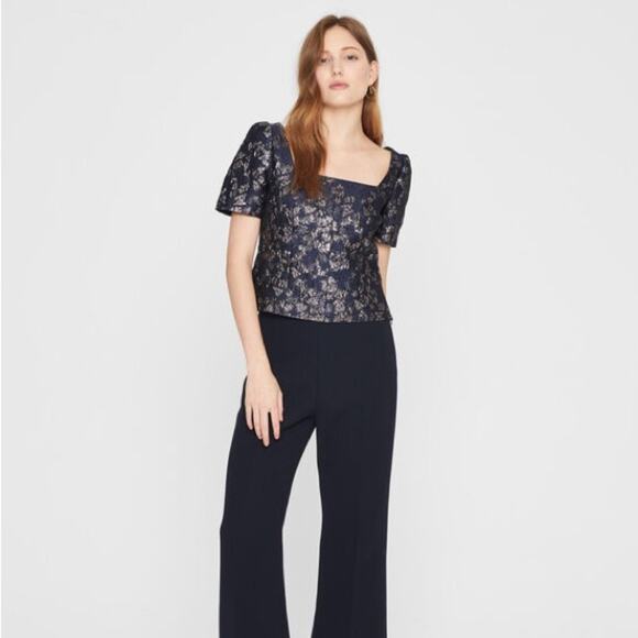 Club Monaco NWT Navy Blue Metallic Brocade Puff Sleeve Top Short Sleeve Size 12 - Picture 4 of 9